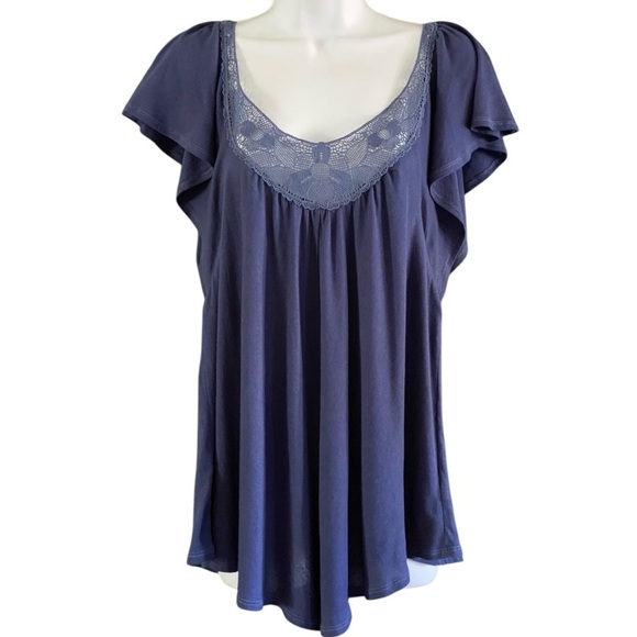 : American Eagle Navy Blue Lace Peasant Top M Flutter Sleeve Boho Y2K Cottage - Picture 1 of 7